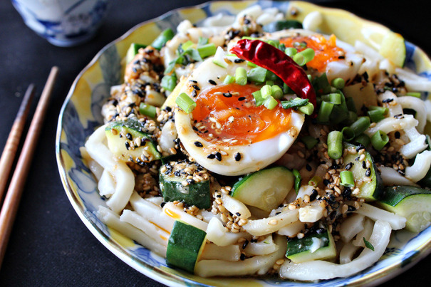 Sauteed Zucchini and Udon with Toasted Sesame Miso Dressing and Softboiled Egg