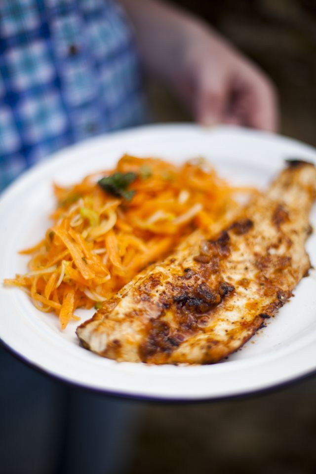 harissa fish with carrot mint and spring onion salad