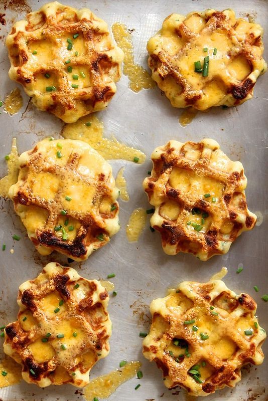 Mashed potato, cheddar and chive waffles sound savory and delicious.