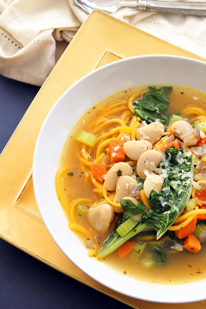 Butternut Squash Noodle Autumn Soup with Swiss Chard and Butter Beans