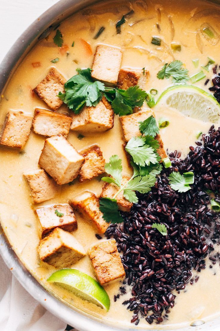 Ginger + lemongrass infused thai soup with crispy tofu and wild rice